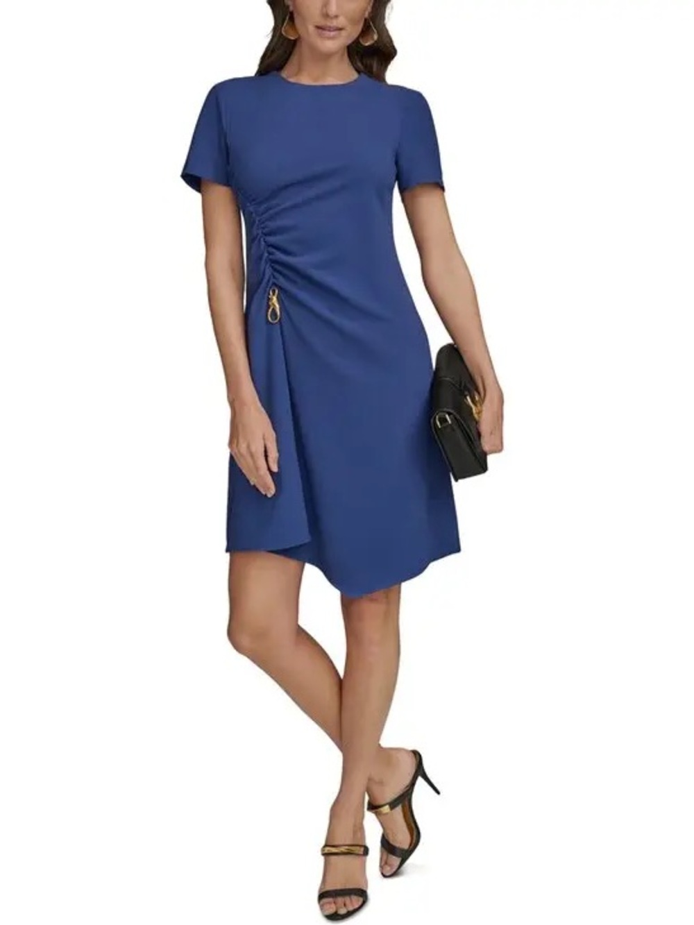 Donna Karan New York Side-Ruched Gold Hardware-Trim Dress in Blue, Size 6P, NWT